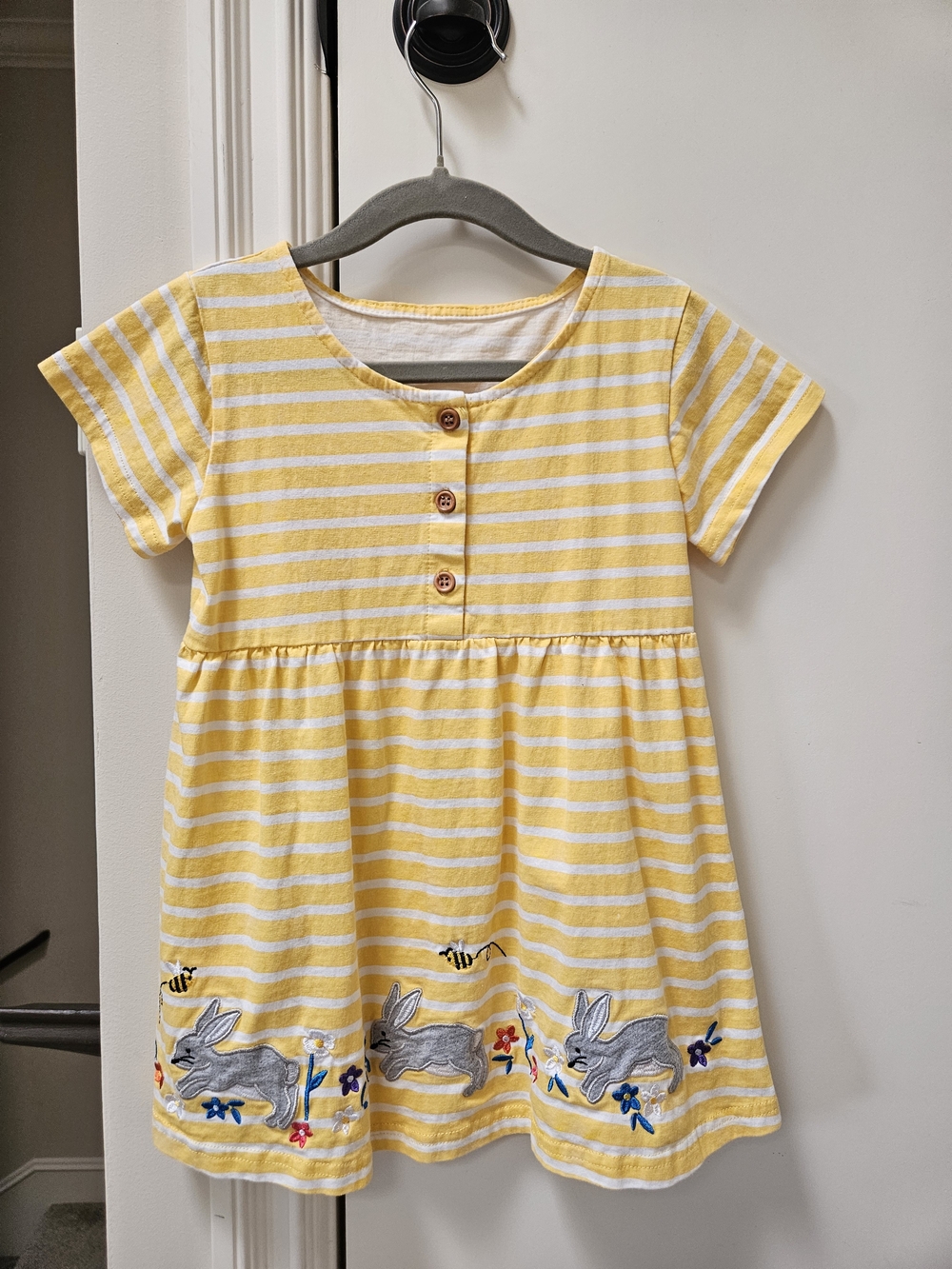 Girls' Yellow Stripe Bunny Embroidered Dress